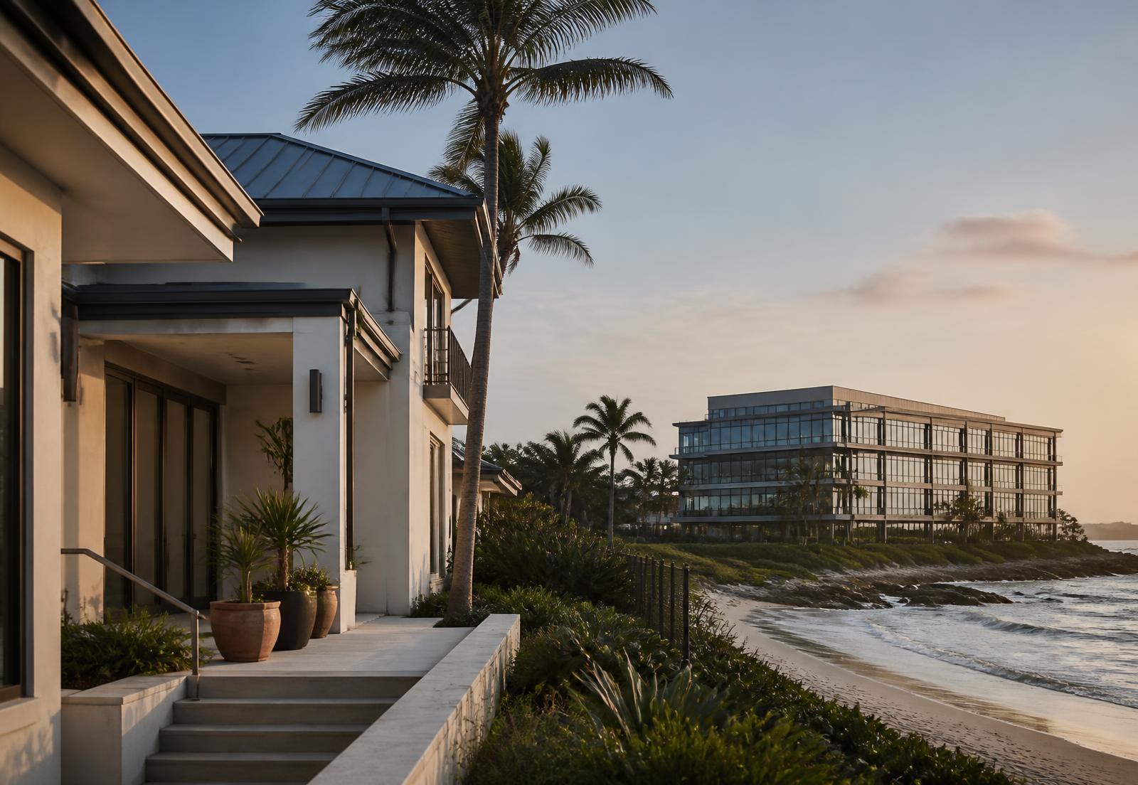 Coastal neighborhood at sunset